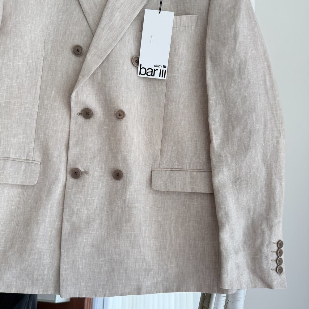 Bar III Linen Blazer 42R Mens Beige Double Breasted Sport Coat Jacket Dinner - Picture 3 of 12